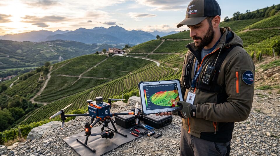 Tecnico con tablet e mappa delle pendenze accanto al drone sui terrazzamenti vitati di montagna
