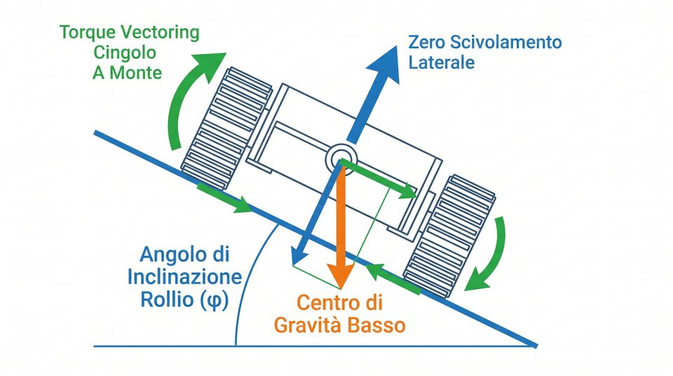 Schema stabilità robot cingolato in pendenza: torque vectoring, baricentro basso e rollio contenuto
