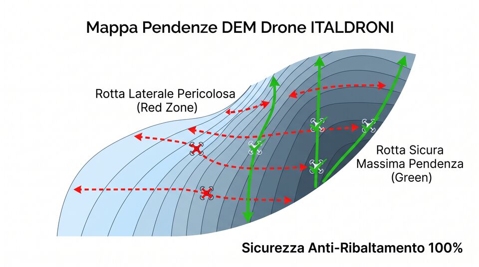 Mappa delle pendenze dal drone con rotte sicure in verde e zone trasversali pericolose in rosso