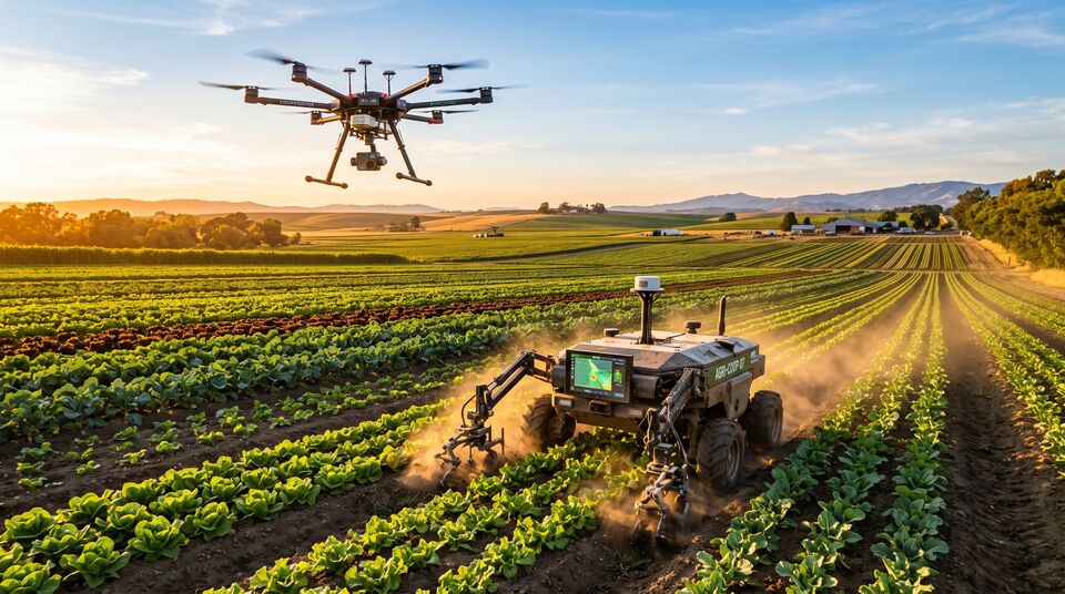 Drone esamotore sorvola il robot diserbante in campo: sinergia tra rilievo aereo e robot di superficie