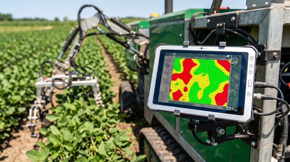 Tablet robusto sul robot mostra la mappa delle infestanti con zone rosse, gialle e verdi da trattare