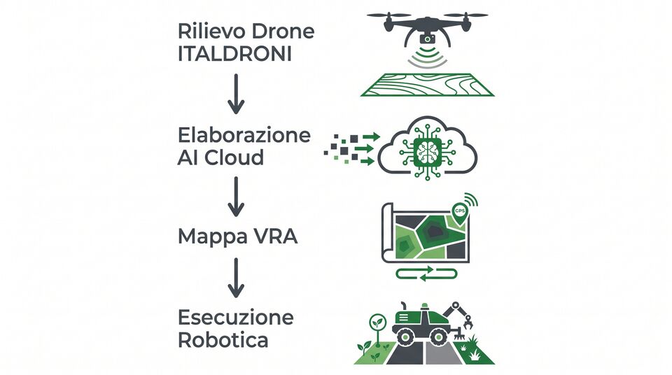 Workflow sinergia drone-robot: rilievo aereo, elaborazione cloud, mappa VRA ed esecuzione robotica
