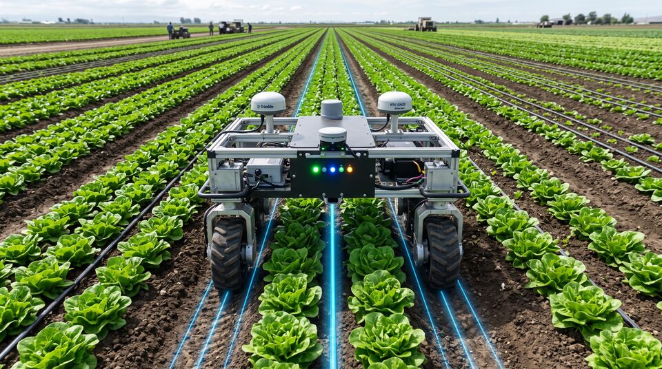 Robot agricolo con antenne RTK tra le file di insalata: posizionamento satellitare di precisione
