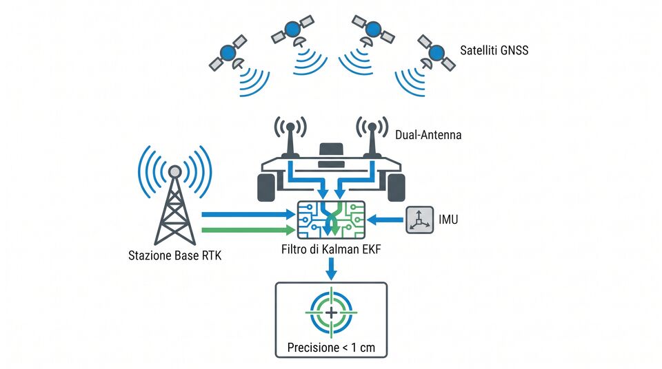 Schema RTK: satelliti GNSS, stazione base, dual-antenna e filtro di Kalman per precisione sotto il centimetro