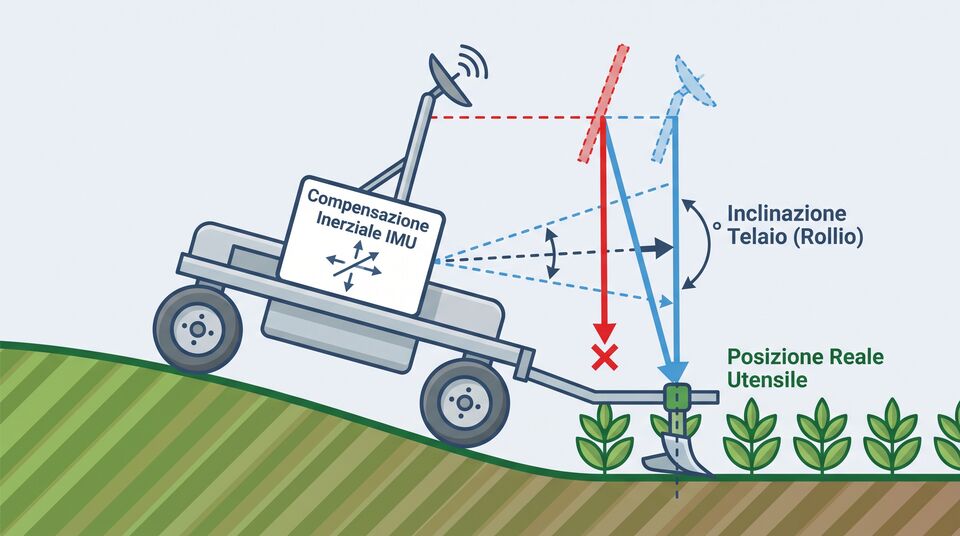 Compensazione inerziale IMU sul robot agricolo in pendenza: rollio del telaio e posizione reale dell'utensile