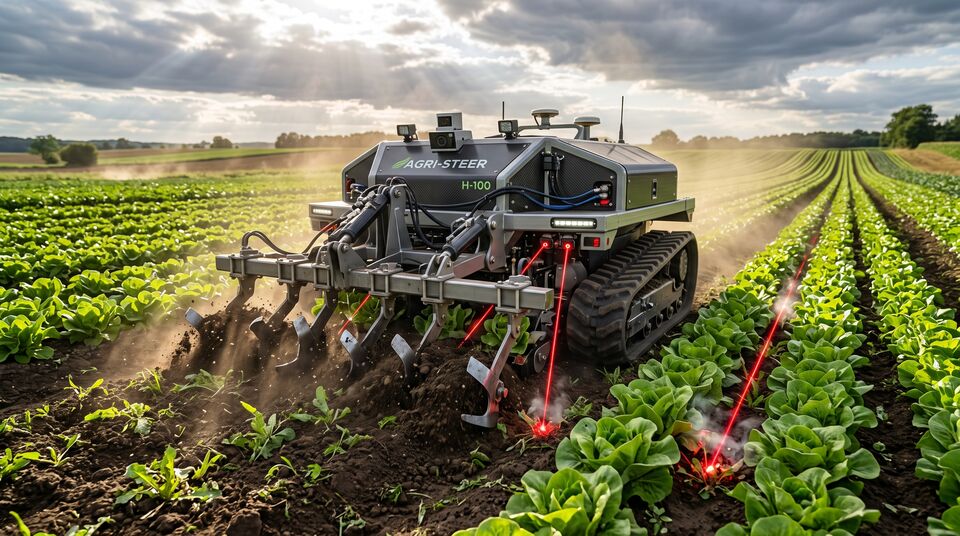 Robot cingolato con zappatrice e laser tra le file di insalata: sarchiatura meccanica di precisione