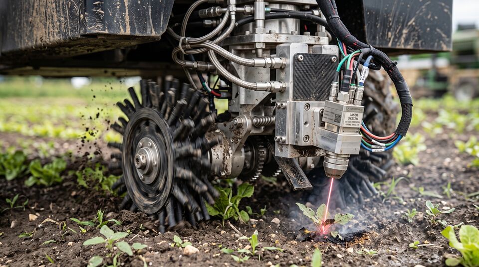 Modulo laser anti-infestanti al lavoro sul suolo: ruota dentata meccanica e raggio mirato sulle piantine