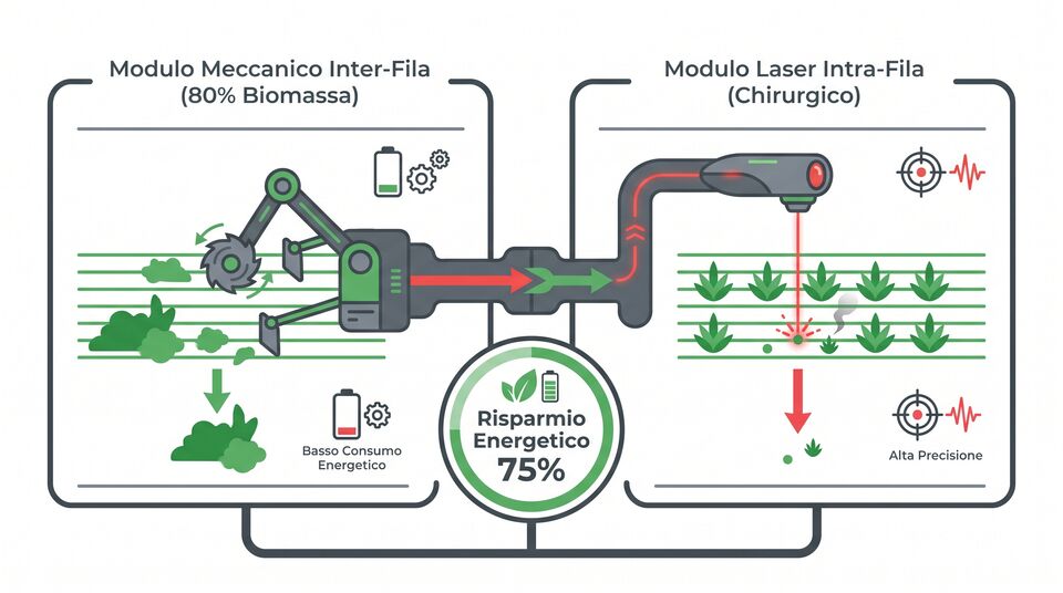 Schema robot ibrido: modulo meccanico inter-fila per l'80% della biomassa e modulo laser intra-fila chirurgico