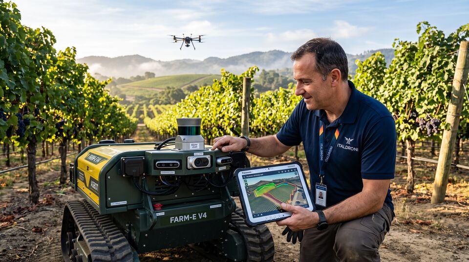 Tecnico con tablet accanto a robot cingolato nel vigneto biologico, drone in volo sullo sfondo
