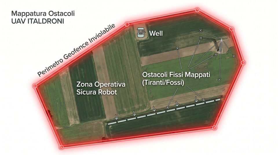 Mappatura UAV degli ostacoli fissi con perimetro geofence e zona operativa sicura per il robot di superficie