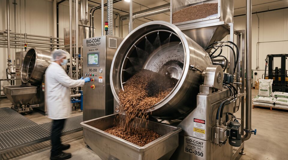 Impianto di conciazione industriale con tamburo rotante per il coating delle sementi biologiche