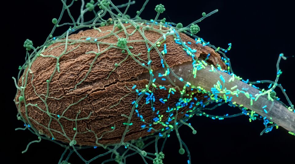 Microscopia del seme inoculato: ife di Trichoderma e batteri PGPR avvolgono tegumento e radichetta