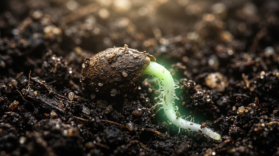 Macro di un seme in germinazione nel suolo: radichetta e radicine in fase di bio-priming