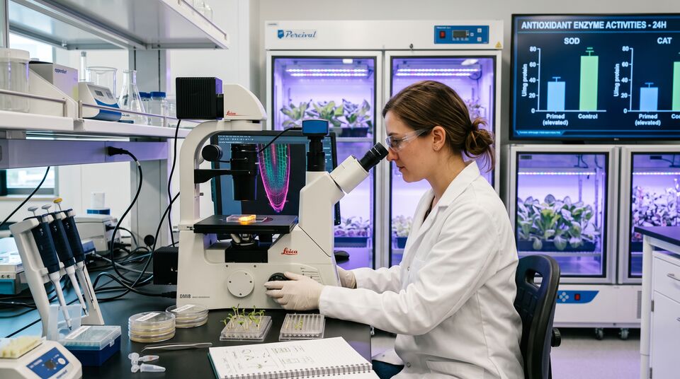Ricercatrice al microscopio misura gli enzimi antiossidanti SOD e CAT su piantine primevate