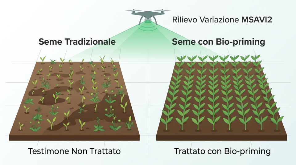 Confronto UAV con indice MSAVI2: parcelle con bio-priming uniformi e vitali contro testimone non trattato