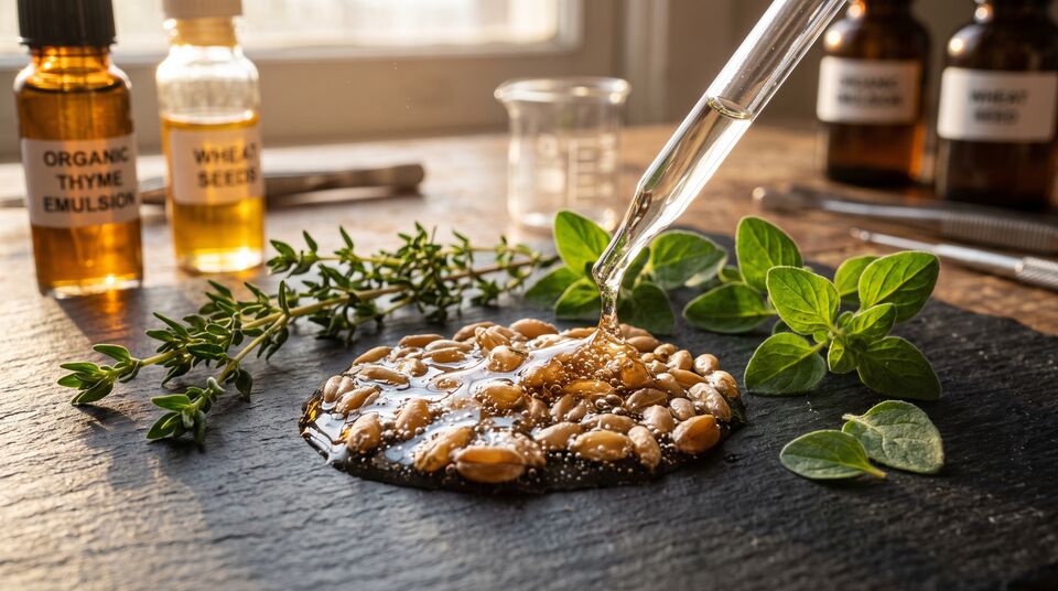 Concia biologica con oli essenziali: emulsione di timo gocciolata su semi di frumento e origano fresco