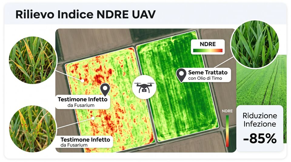 NDRE UAV su cereali: testimone infetto da Fusarium e parcelle con olio di timo, infezione ridotta −85%