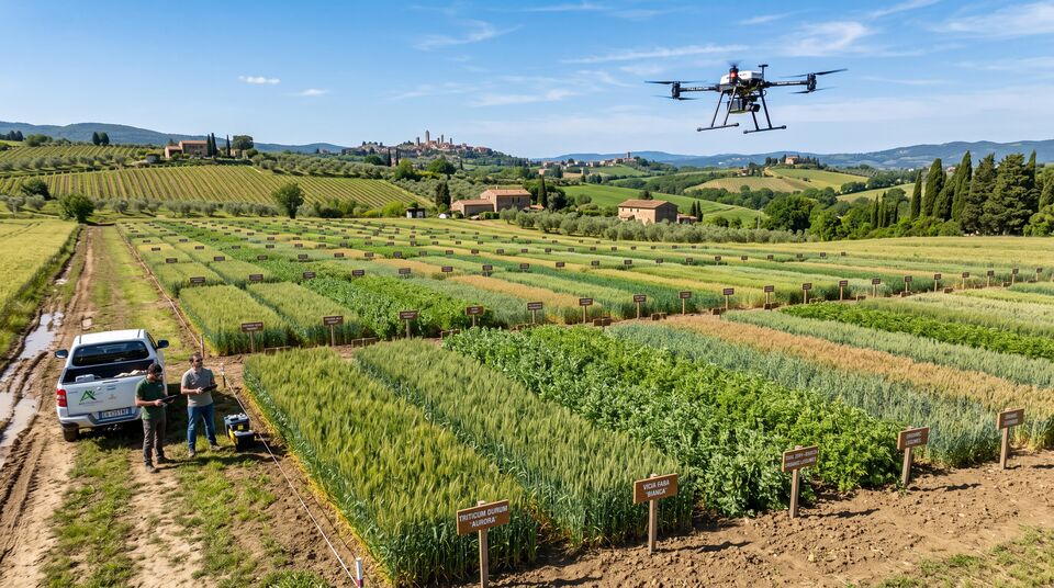 Campo sperimentale PNSB con parcelle varietali segnalate e drone in volo tra le colline toscane