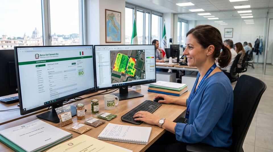 Ufficio della banca dati delle sementi biologiche: operatrice al lavoro tra mappe NDVI e campioni di semi