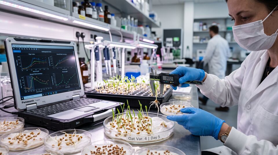Laboratorio di verifiche sulla germinazione: misurazione con calibro di piantine di avena da semina biologica