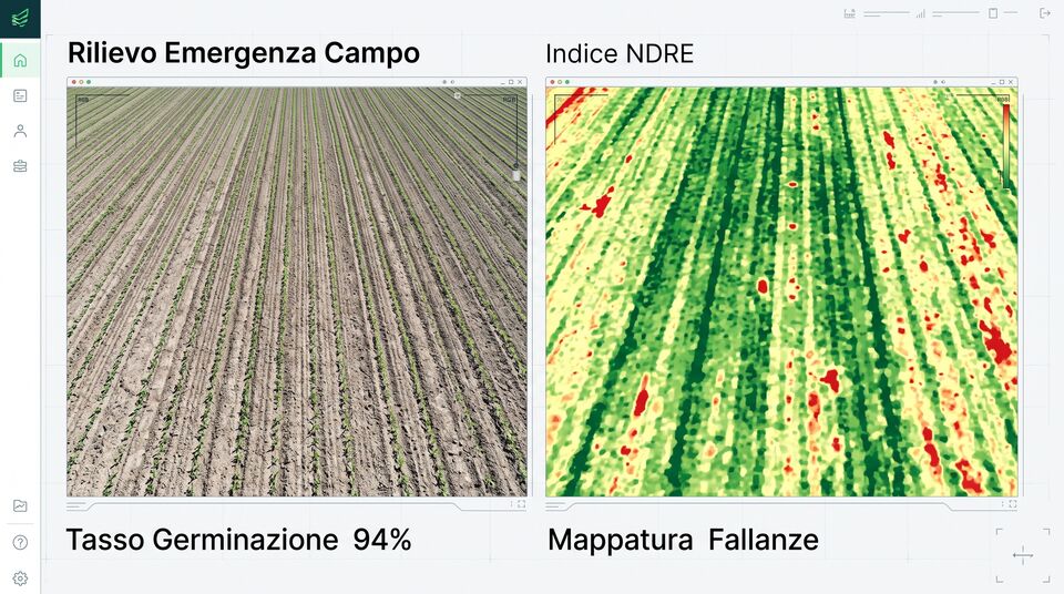Confronto tra rilievo RGB di emergenza e indice NDRE: tasso di germinazione 94% e mappatura delle fallanze