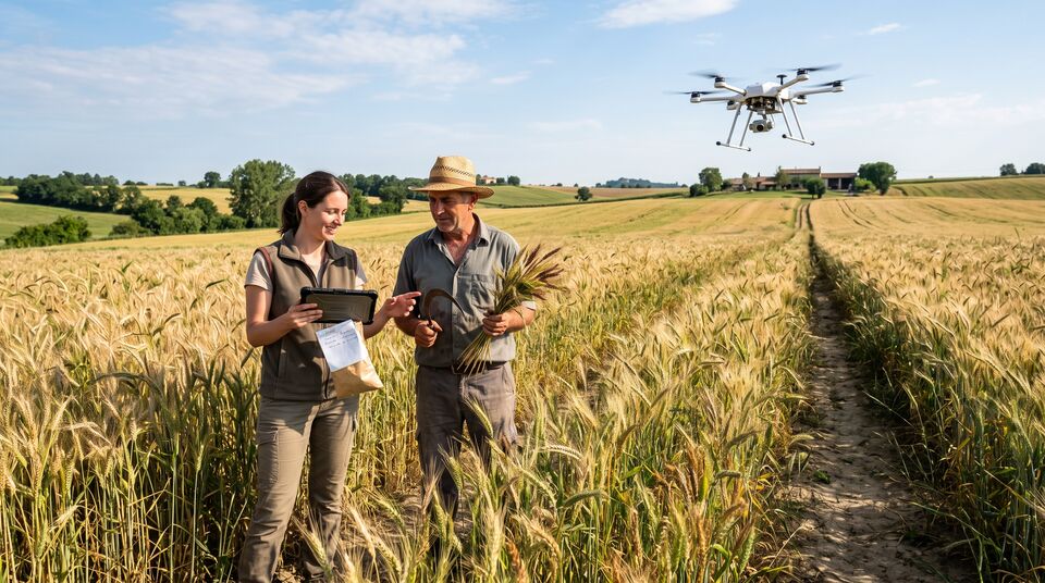 Agronoma e contadino con spighe e tablet nel grano: selezione partecipativa con drone in volo