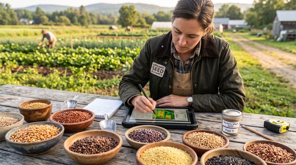 Selezione partecipativa: ciotole di semi di popolazioni diverse e tablet con le note di valutazione