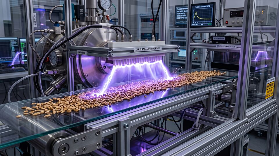 Plasma freddo atmosferico su sementi in linea pilota: scarica viola sul nastro di avanzamento dei semi