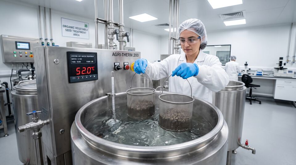 Termo-terapia delle sementi: cestelli a rete immersi nell'acqua calda a 52°C su impianto dedicato