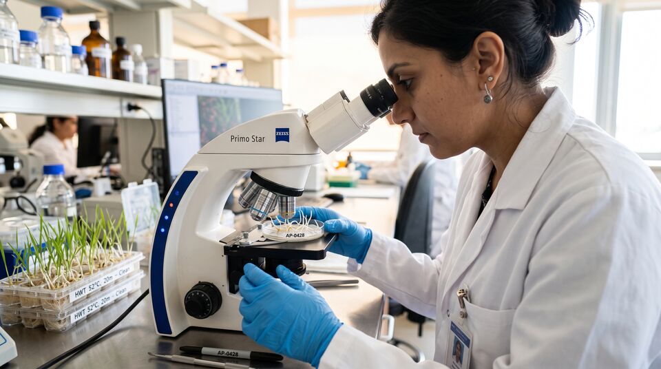 Verifica al microscopio dopo la terapia termica: analisi sanitaria delle piantine nate dai semi trattati