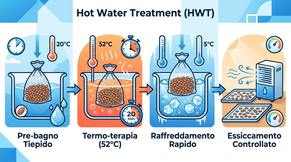 Terapia ad acqua calda delle sementi: pre-bagno tiepido, 52°C, raffreddamento rapido, essiccazione