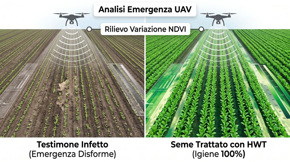 Analisi UAV dell'emergenza: testimone infetto con emergenza disforme e seme trattato con HWT uniforme