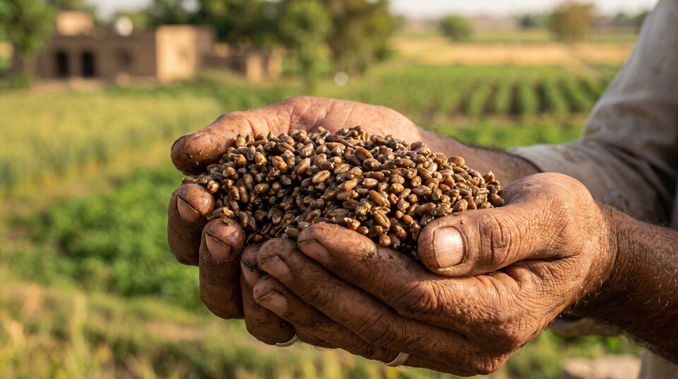 Semi di frumento trattati con Beejamrit tra le mani di un contadino, sullo sfondo del villaggio