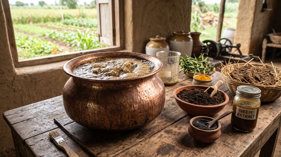 Preparazione tradizionale del Beejamrit: pentola di rame in fermentazione con estratto di neem e letame