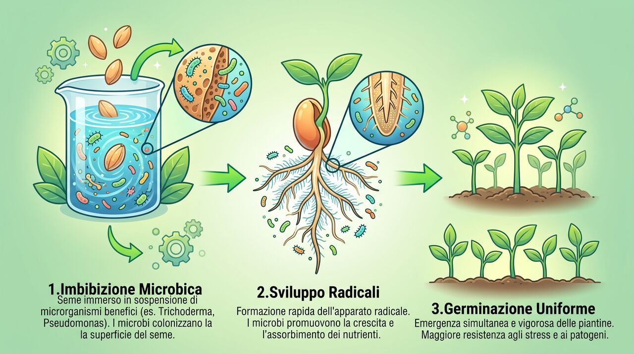 Infografica delle tre fasi del bio-priming del seme: imbibizione microbica, sviluppo radicale e germinazione uniforme