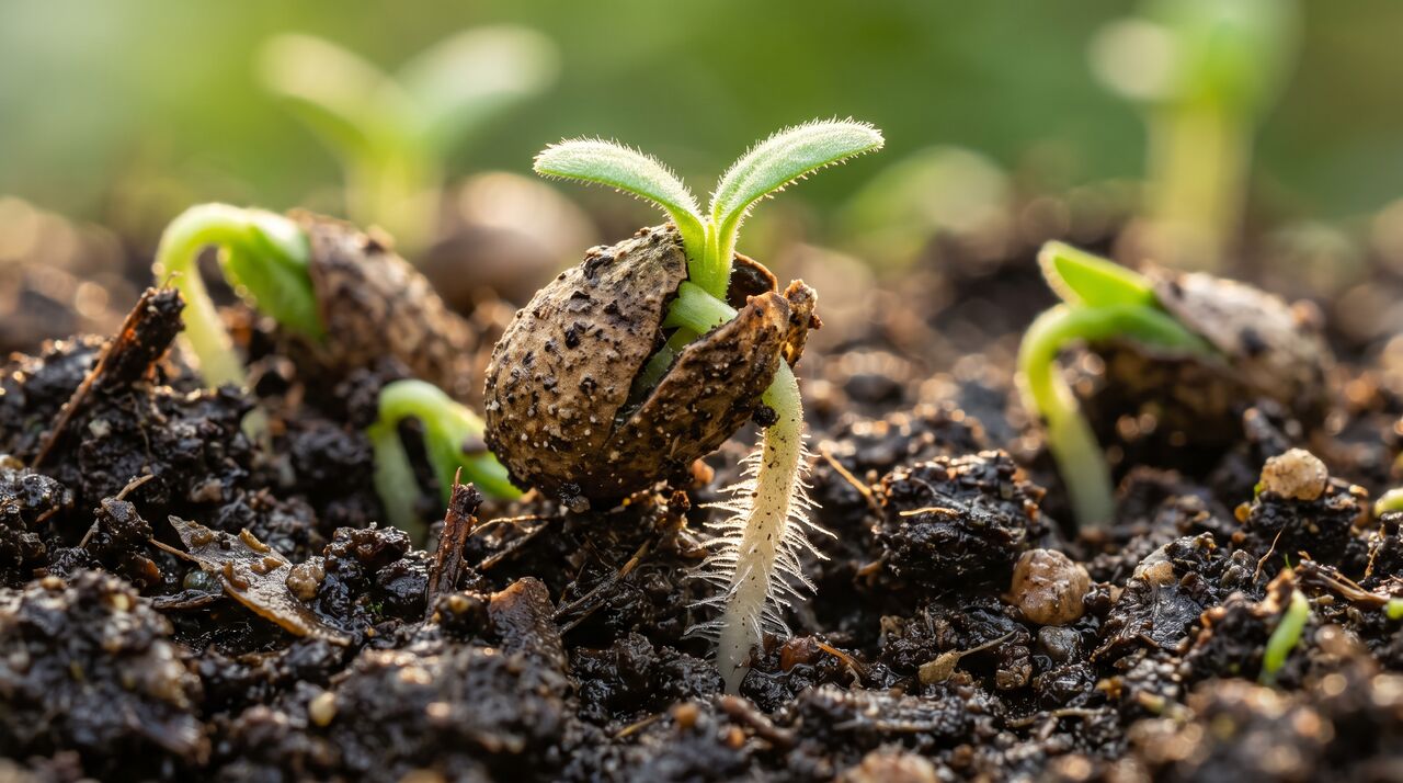 Seme biologico in germinazione nel terreno con radichetta e peli radicali visibili al macro