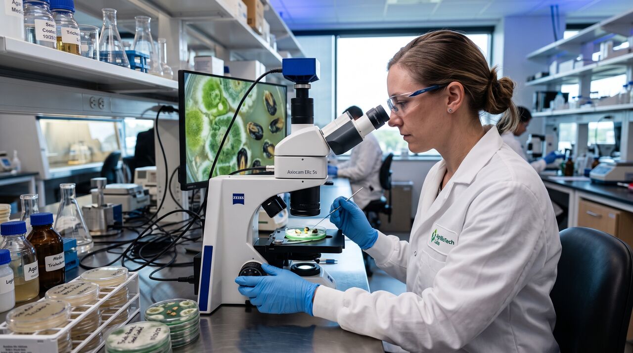 Ricercatrice al microscopio che analizza colture di Trichoderma per la concia biologica del seme in laboratorio